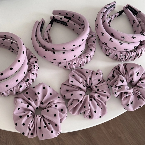 Korean Sweet Pink Sponge Headband For Women High Crown Vintage Bow Heart Polka Dot Hair Band Pleated Fabric Scrunchie Set
