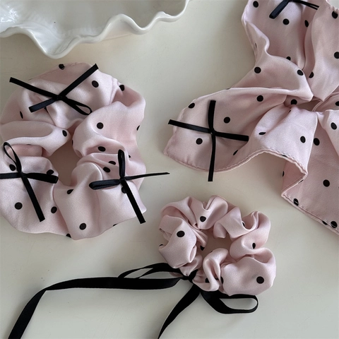 Chouchous en Satin Rose à Pois Style Coréen Avec Nœud en Ruban Noir Élastiques à Cheveux Doux pour Femmes Filles Accessoires