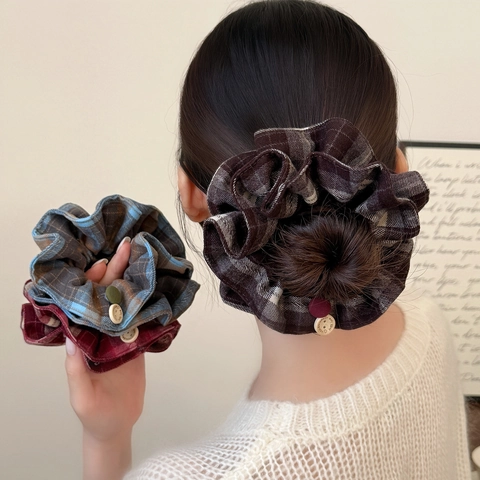 Scrunchie in Tessuto a Quadri Coreano Con Decorazione a Bottone in Legno Elastico per Capelli Vintage per Donna