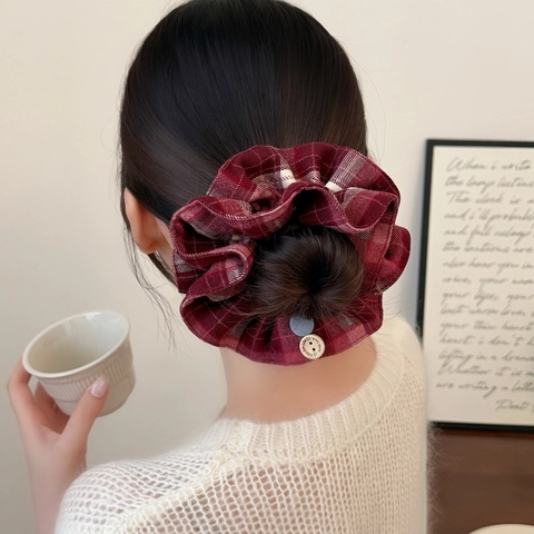 Scrunchie in Tessuto a Quadri Coreano Con Decorazione a Bottone in Legno Elastico per Capelli Vintage per Donna