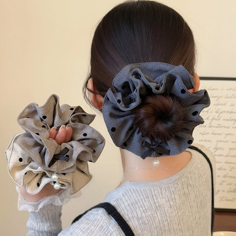 Elastico per Capelli Scrunchie in Tessuto Plissettato a Pois Stile Coreano Con Fiocco e Perla Artificiale per Donna