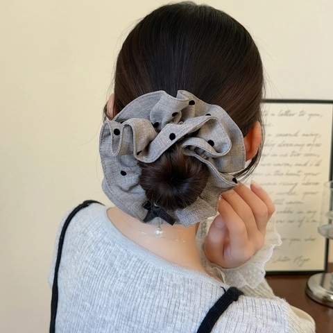 Elastico per Capelli Scrunchie in Tessuto Plissettato a Pois Stile Coreano Con Fiocco e Perla Artificiale per Donna