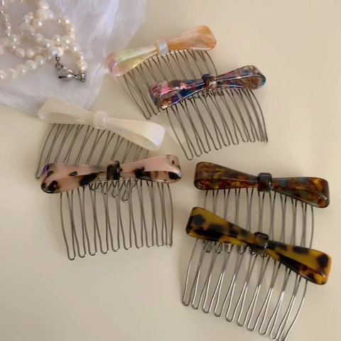 Pettine per Capelli con Fiocco in Acetato Stile Coreano Motivo Tartarugato Marmo Denti in Metallo Clip per Frangia Donna Accessori