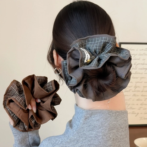 Koreanischer Stil Kariert Stoff Scrunchie Doppelschicht Plissee Haargummi Mit Herz Charm Für Damen Handgefertigt Haarschmuck