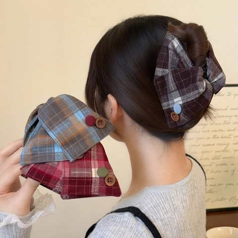 Molla per Capelli in Tessuto a Quadri Vintage Stile Coreano Grande Triangolo Fiocco Fermacapelli Donna Retrò Bottone Decorativo