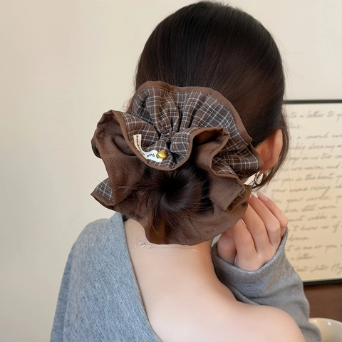 Koreanischer Stil Kariert Stoff Scrunchie Doppelschicht Plissee Haargummi Mit Herz Charm Für Damen Handgefertigt Haarschmuck