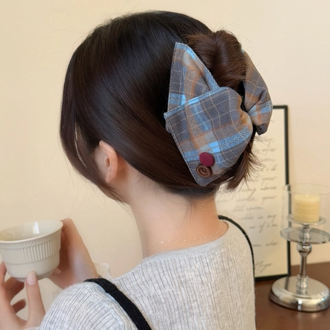 Molla per Capelli in Tessuto a Quadri Vintage Stile Coreano Grande Triangolo Fiocco Fermacapelli Donna Retrò Bottone Decorativo
