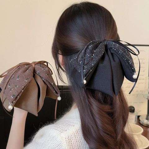 Fermaglio per Capelli Vintage con Fiocco Floreale e Ciondolo in Perla Artificial Elegante Molletta a Doppio Strato per Donna