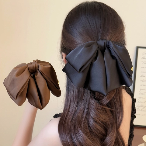 French Style Satin Bow Hair Clip Elegant Gold Tag Ponytail Holder Korean Solid Color Claw Clip Women Hair Accessories
