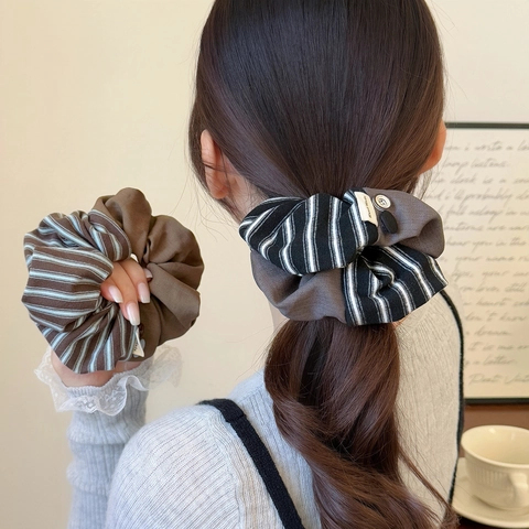 Vintage Ριγέ Patchwork Ύφασμα Scrunchie Διακοσμητικό Κουμπί Χειροποίητο Ελαστικό Λαστιχάκι Μαλλιών Γυναικεία Αξεσουάρ Μαλλιών