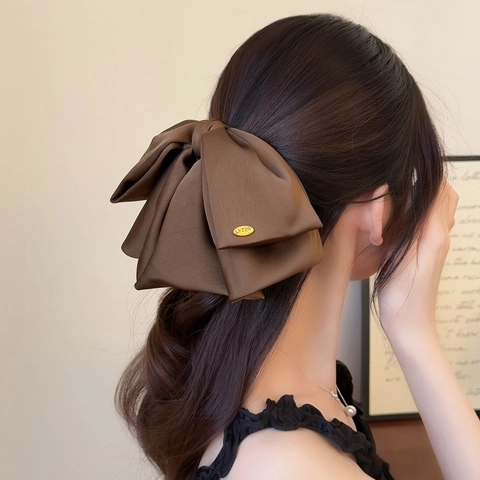 French Style Satin Bow Hair Clip Elegant Gold Tag Ponytail Holder Korean Solid Color Claw Clip Women Hair Accessories