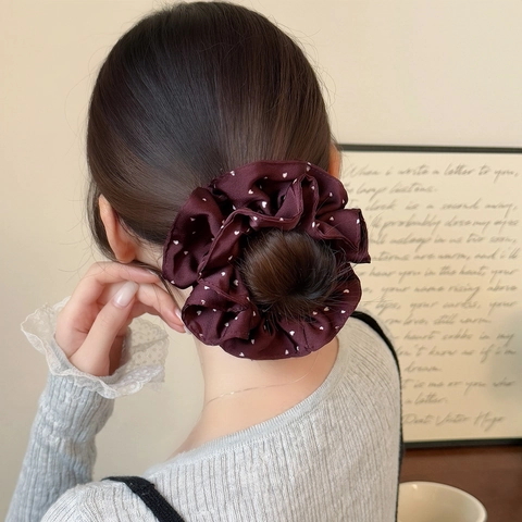 Scrunchie in Raso Oversize Doppio Strato Rosso Vino Cuore Pois Stile Francese Elastici per Capelli per Donna Accessori Quotidiani