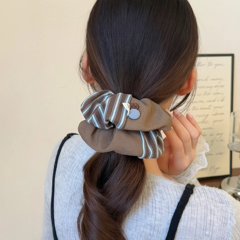 Vintage Ριγέ Patchwork Ύφασμα Scrunchie Διακοσμητικό Κουμπί Χειροποίητο Ελαστικό Λαστιχάκι Μαλλιών Γυναικεία Αξεσουάρ Μαλλιών