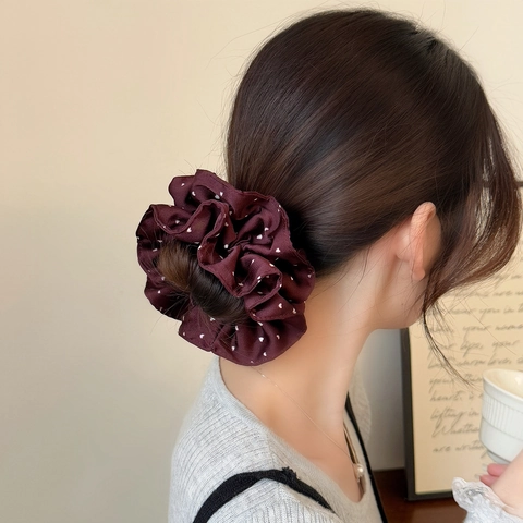 Scrunchie in Raso Oversize Doppio Strato Rosso Vino Cuore Pois Stile Francese Elastici per Capelli per Donna Accessori Quotidiani