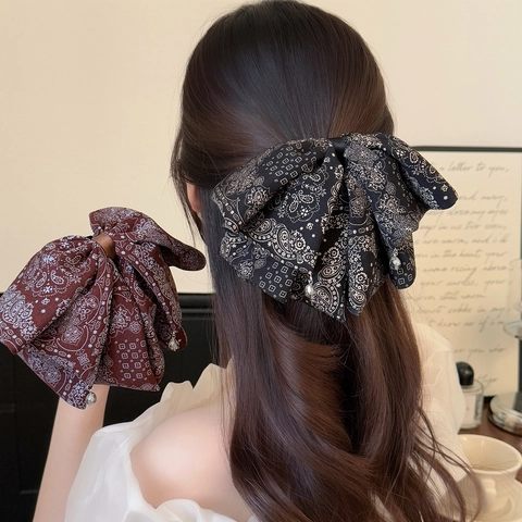 Vintage Paisley Print Large Bow Hair Clip For Women Bohemian Cloth Butterfly Knot Shark Clip Elegant Rhinestone Ponytail Clip