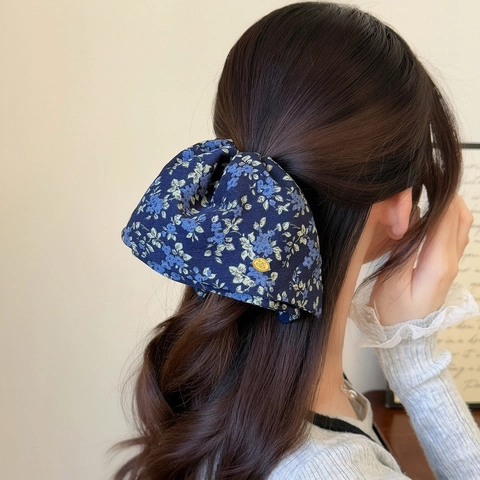 Vintage Blau Blumenmuster Schleife Haarspange Stoff Chiffon Große Shark Clip Elegante Pferdeschwanz Clip Koreanische Mode Haarschmuck