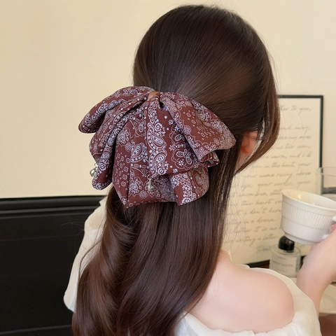 Vintage Paisley Print Large Bow Hair Clip For Women Bohemian Cloth Butterfly Knot Shark Clip Elegant Rhinestone Ponytail Clip