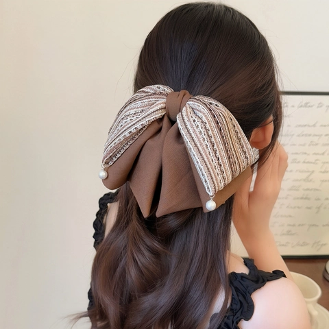Elegante Fermaglio per Capelli a Fiocco in Tweed Lavorato a Maglia Con Perla Artificial Sintetica Stile Coreano Vintage per Donna