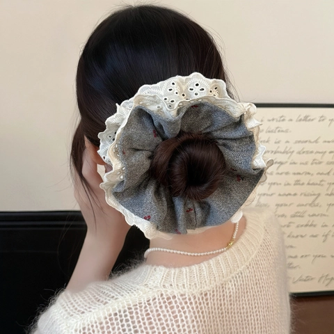 Chouchou Vintage en Tricot Et Dentelle Avec Imprimé Cerise Pour Femmes Gris Blanc Grand Élastique Cheveux Accessoires De Coiffure