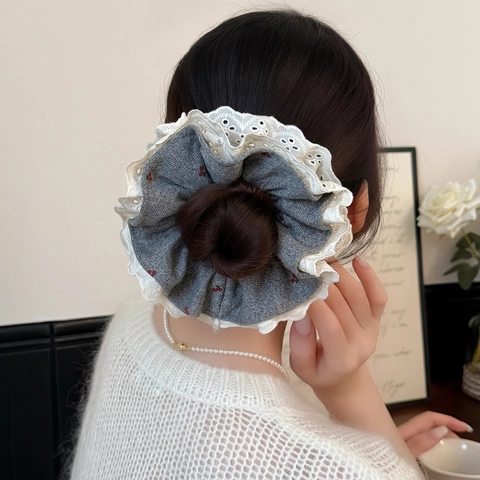 Chouchou Vintage en Tricot Et Dentelle Avec Imprimé Cerise Pour Femmes Gris Blanc Grand Élastique Cheveux Accessoires De Coiffure