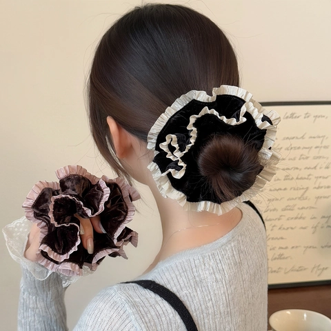 French Vintage Fabric Lace Scrunchie Pleated Double Layered Sweet Hair Tie For Women Elegant Elastic Daily Hair Accessories