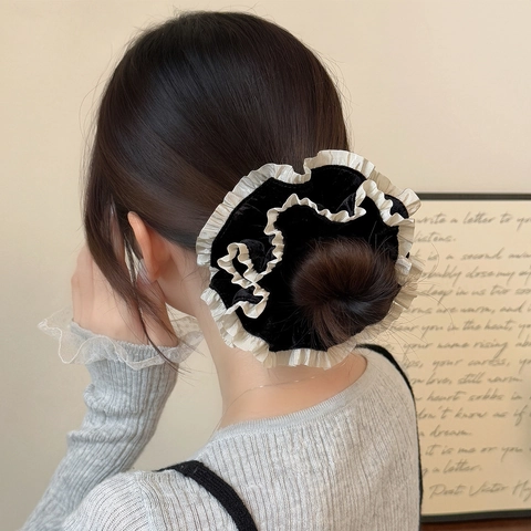 French Vintage Fabric Lace Scrunchie Pleated Double Layered Sweet Hair Tie For Women Elegant Elastic Daily Hair Accessories