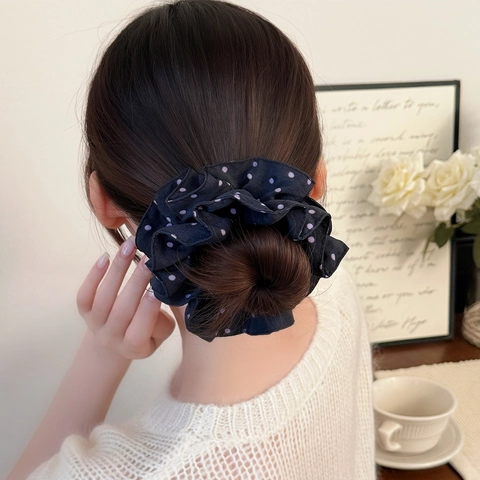 Vintage Stoffen Scrunchie Met Stippen Dubbellaags Roesjes Haarelastiek Voor Knot Vrouwen Haaraccessoires Koreaanse Stijl