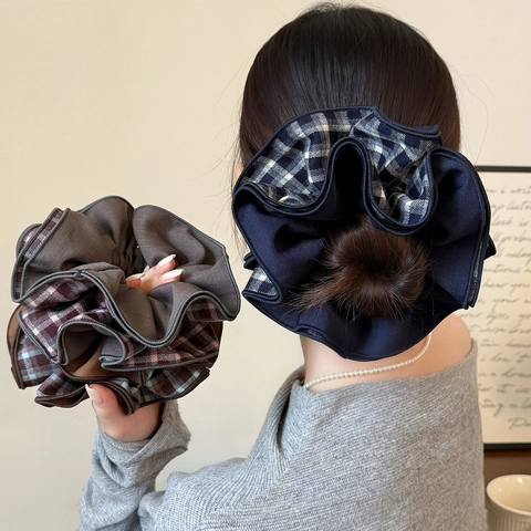 Elastico per Capelli Grande in Tessuto Gingham Plaid Vintage per Donna Elegante Elastico Plissettato Multistrato Accessori per Capelli Moda