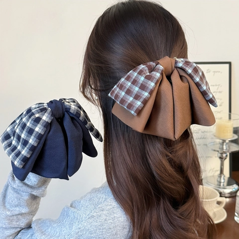 Korean Style Large Checkered Bow Hair Clip Exquisite Fabric Shark Clip For Women Elegant Ponytail Claw Clip Hair Accessory