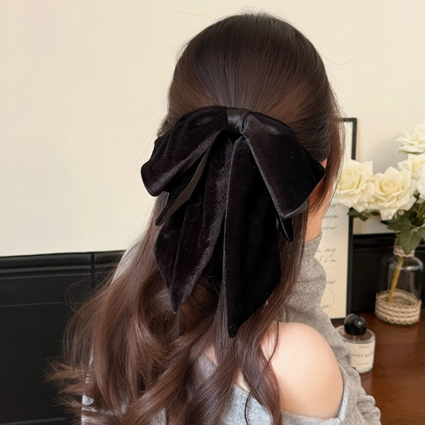 Franse Vintage Zwarte Fluwelen Strik Haarclip Grote Haarklem Voor Dames Elegante Paardenstaarthouder Haaraccessoires