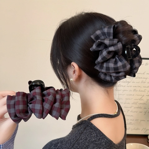 Pinza de Pelo con Lazo a Cuadros Estilo Coreano Vintage Tela Accesorios para el Cabello Mujer Pinza Tiburón