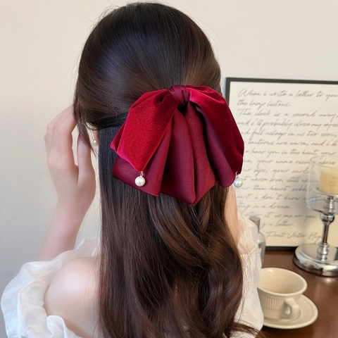 Große Samt Satin Patchwork Schleife Haarklammer Mit Künstlicher Perle Anhänger Französisch Vintage Elegant Damen Haarschmuck
