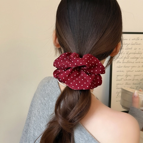 Vintage Rosso Vino a Pois Scrunchie per Donna Stile Coreano Tessuto Elastico per Capelli Con Etichetta Handmade e Bottone Decorativo