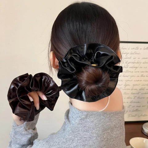 Scrunchie Plissettato in Pelle Artificiale per Donna Doppio Strato Vintage Fascia per Capelli Fatto a Mano Alta Elasticità
