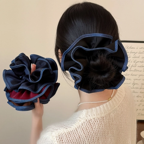 Scrunchie Oversized Retrò Francese con Bordo a Contrasto Elastico per Capelli Plissettato Grande Tessuto Accessori per Capelli Donna