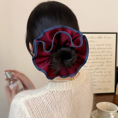 Scrunchie Oversized Retrò Francese con Bordo a Contrasto Elastico per Capelli Plissettato Grande Tessuto Accessori per Capelli Donna