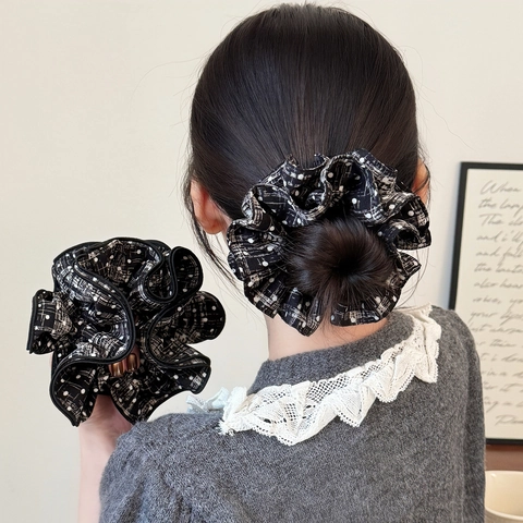 Eleganti Scrunchie in Tessuto a Quadretti e Pois Neri e Bianchi Elastici Multistrato per Capelli Donna Gioielli per Capelli