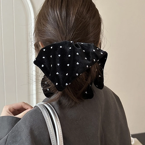Elegante Herfst Winter Zwarte Fluwelen Haarelastiekje Hart Bloemenpatroon Grote Scrunchies Koreaanse Zachte Sjaal Haardat Ponytail Houder Vrouwen