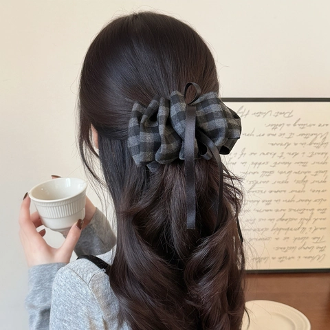 Plaid Fabric Banana Hair Clip Vintage Bow Ribbon Hair Claw Ruffles Hairpin For Women French Style Daily Hair Accessories