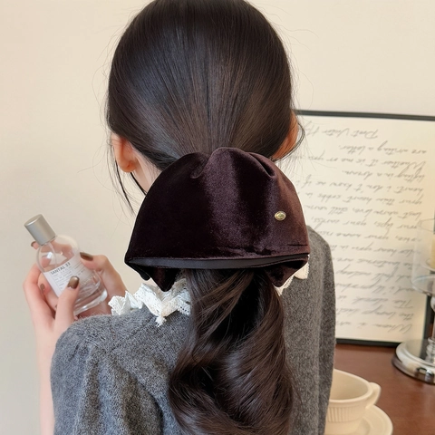 Elegante Fermaglio per Capelli con Fiocco in Velluto e Etichetta in Metallo Dorato Stile Coreano Lussuoso Artiglio Donna Accessori
