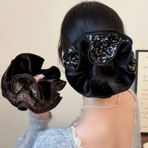 Chouchous Larges en Velours Floral Vintage Français Élégant Épissage Élastiques pour Cheveux Femme Coiffure Quotidienne Accessoires