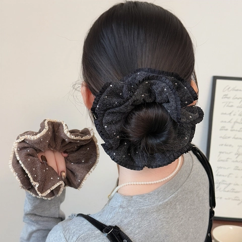 Elastico per Capelli Vintage Lavorato a Maglia a Pois con Bordo in Pizzo Increspato Grande Stile Coreano per Donna