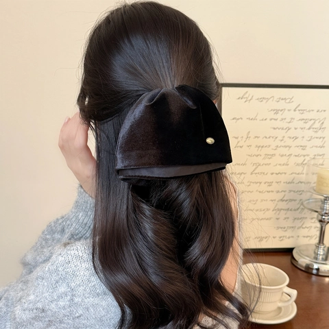 Eleganter Koreanischer Stil Schwarzer Samt Große Schleife Haarkralle Für Damen Gerüschter Rock Design Haarnadel Mit Goldlegierung Etikett