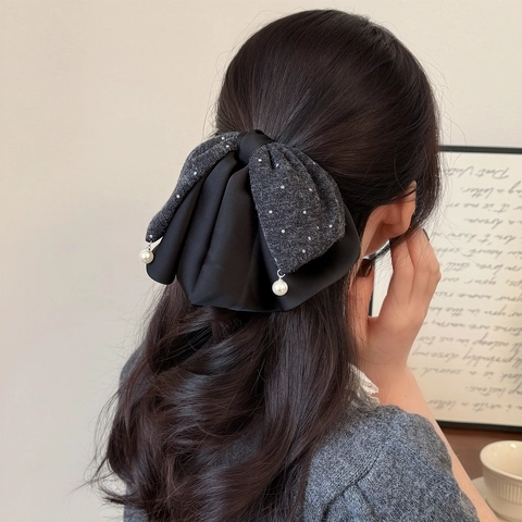 Elegante Grande Molletta per Capelli con Doppio Fiocco Polka Dot Tweed Satin Splicing Forcina con Pendente in Perla Artificial Sintetica Donna Accessorio Capelli
