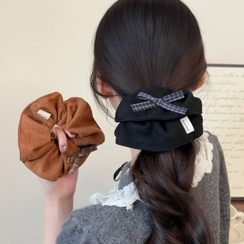 Eleganti Scrunchies con Fiocco a Quadri con Etichetta Handmade Stile Coreano Elastici in Tessuto Autunno Inverno Donna Ragazze