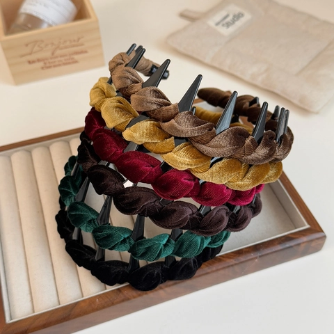 Diadema de Terciopelo Trenzado Vintage para Mujer Estilo Coreano Simple Banda para el Cabello Antideslizante Con Dientes Hecho a Mano