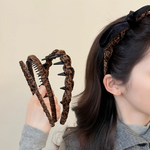 Retro Leopardenmuster Samt Stirnband Mit Rutschfesten Zähnen Schleife Haarband Mode Haarschmuck Für Damen Tägliche Dekoration