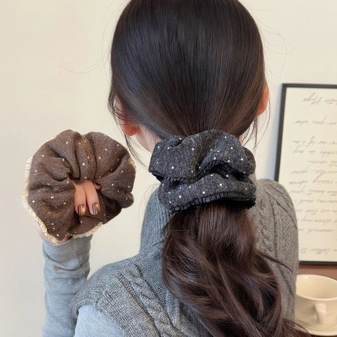 Women Polka Dot Scrunchie Pleated Lace Edge Knitted Plush Hair Tie Autumn Winter Korean Sweet Hair Rope Accessories