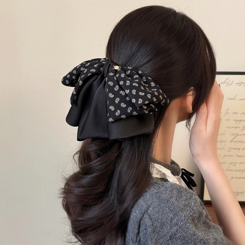 Pinza para el Cabello con Lazo Paisley de Doble Capa Vintage Tela de Satén Accesorio Elegante para el Tocado Mujer