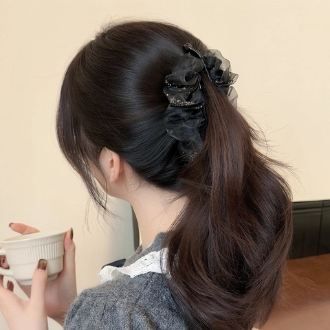 Elegant Black Pleated Mesh Banana Hair Clip For Women Retro Organza Vertical Clip Rhinestone Ponytail Holder Hair Accessory